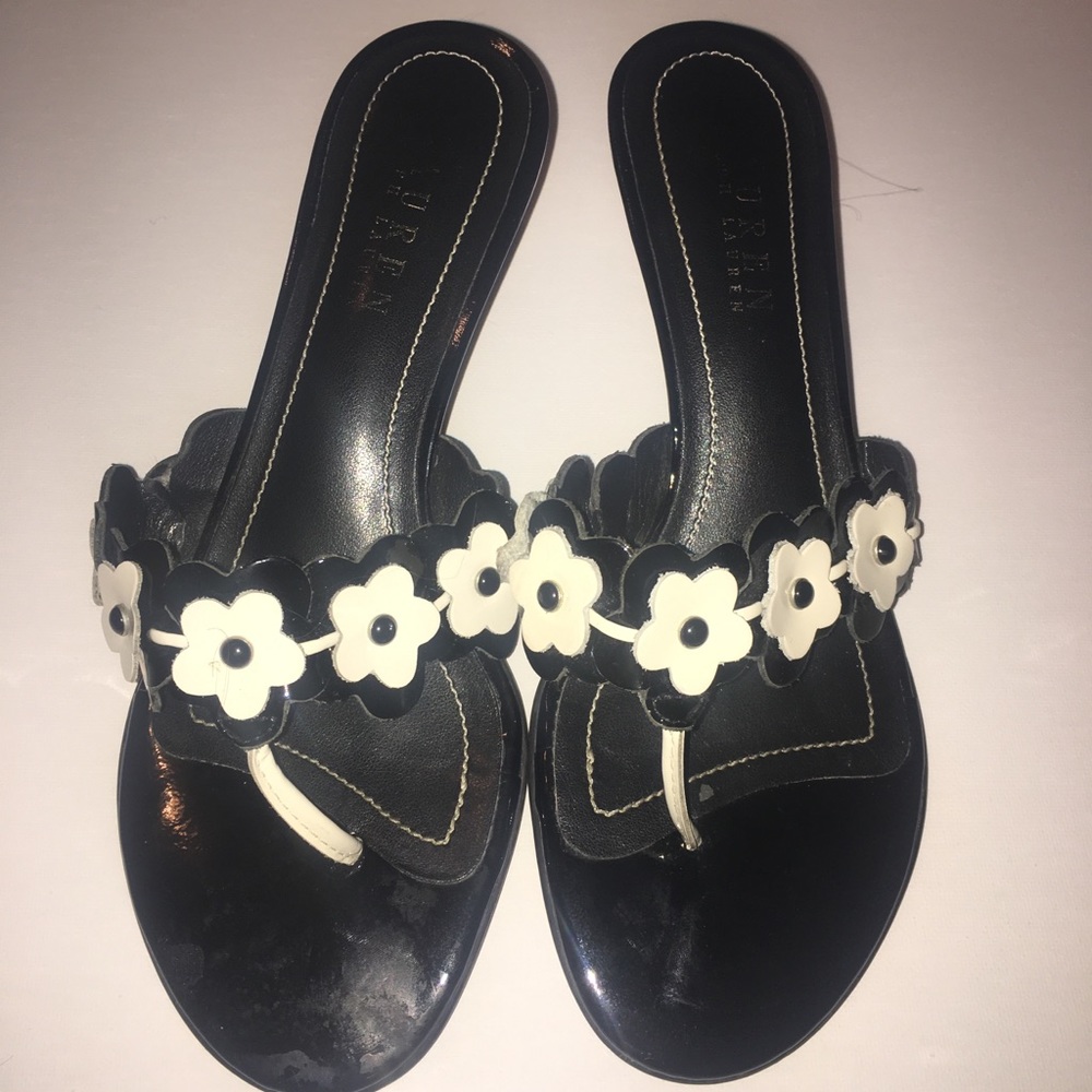 Ralph Lauren low heel black with white flowers